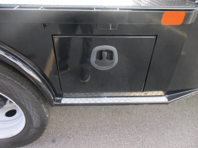 Ford F-450 flatbed side panel access door with step and chrome trim visible.