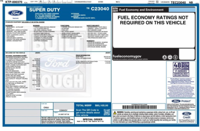 Ford Super Duty truck window sticker and VIN label showing 2026 Ford F-450, stock number 351475, category flatbed, new vehicle.