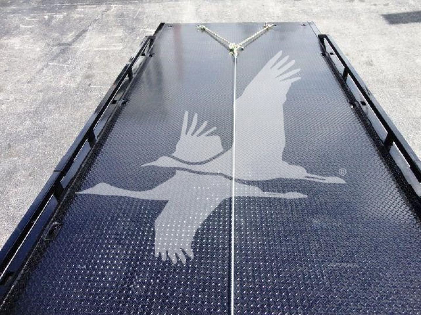 Truck flatbed with diamond plate deck and a white flying eagle decal; metal tracks along sides and a central tie-down rope.