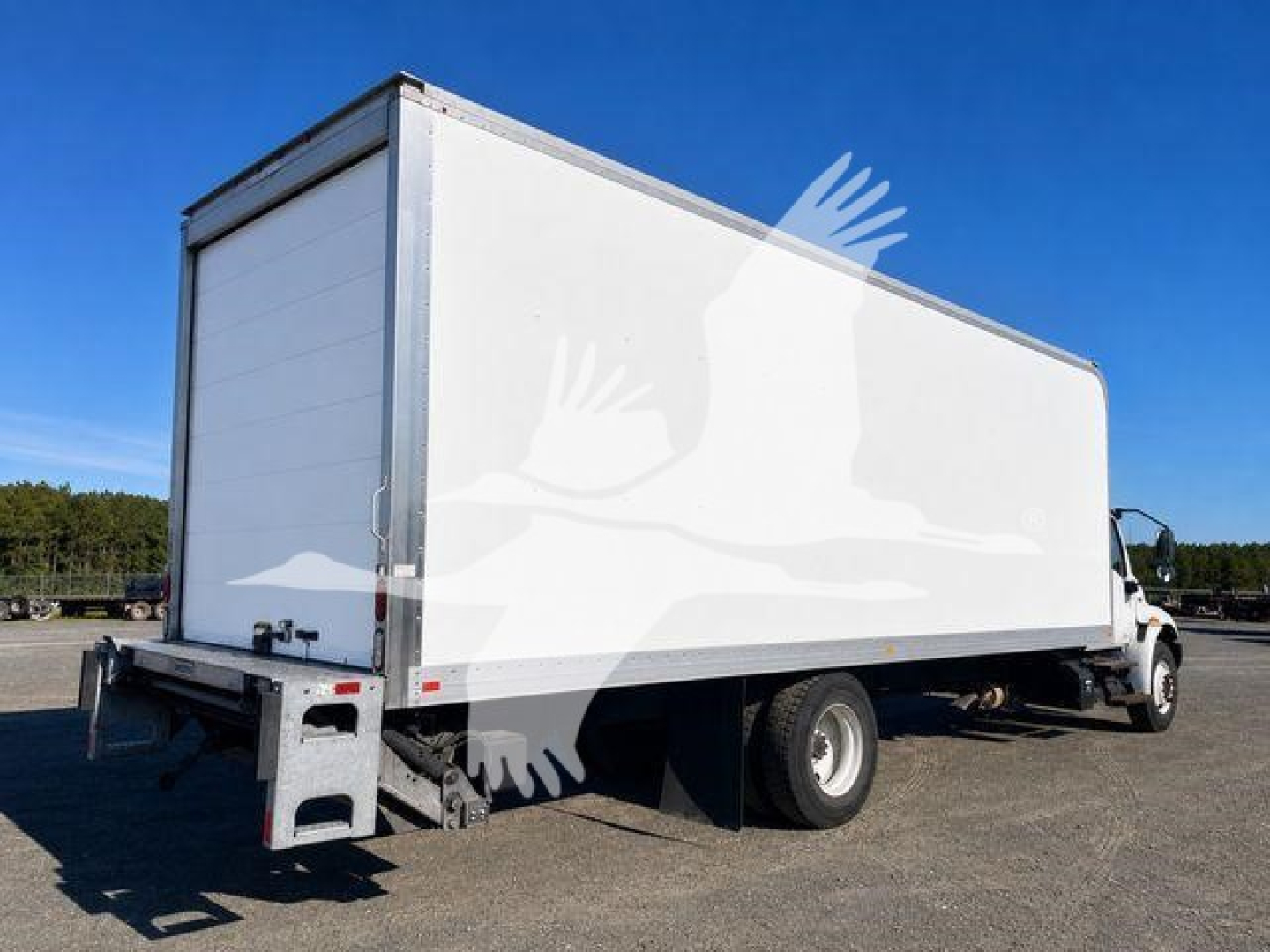 Box truck from rear-left side showing cargo box and cab, International MV, blank white box, clear blue sky.