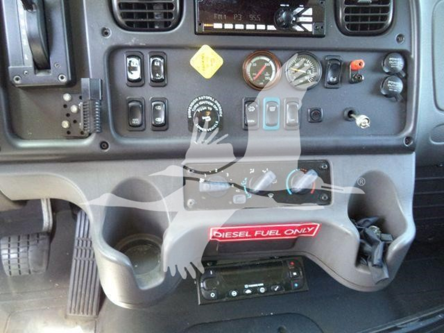 Dashboard of a 2019 Freightliner M2 106 cab showing gauges, switches, and a 'DIESEL FUEL ONLY' label on the lower panel.