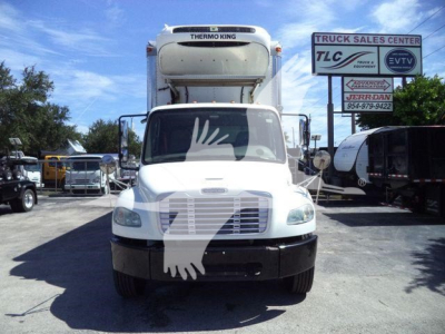 Front view of 2019 Freightliner M2 106 refrigerated truck with Thermo King unit on cab; visible signage in background.