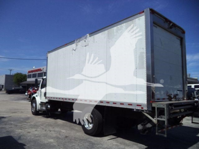 Freightliner M2 106 refrigerated box truck with white box and side graphic showing birds; rear tailgate and cargo area visible.