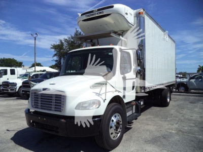 Freightliner M2 106 refrigerated truck with Thermo King unit on top; cab and box visible; license-plate area not shown; some text on the Thermo King unit may be visible.