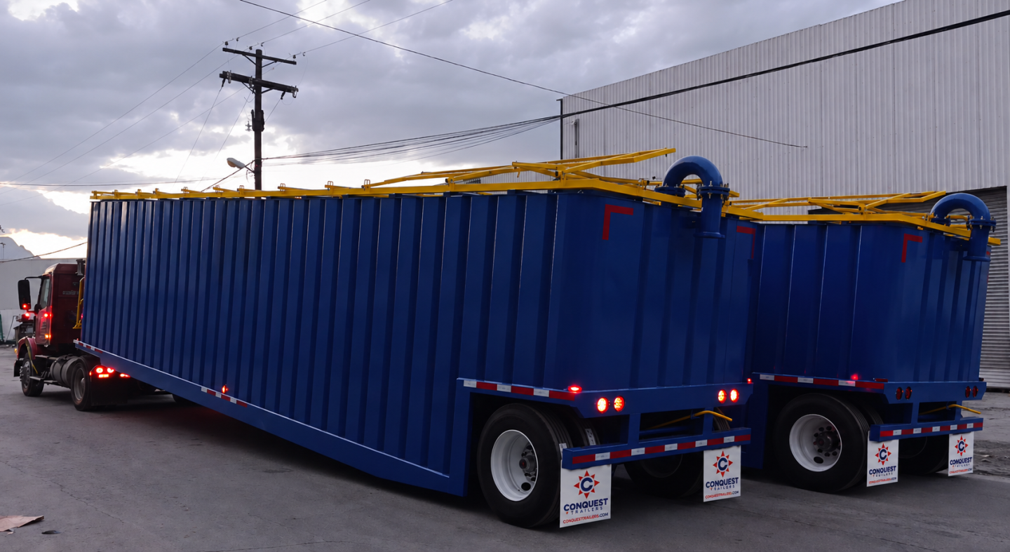 Frac tank trailer showing blue 500BBL tanks mounted on multi-axle trailer with mud flaps and yellow ladder/rails on top.