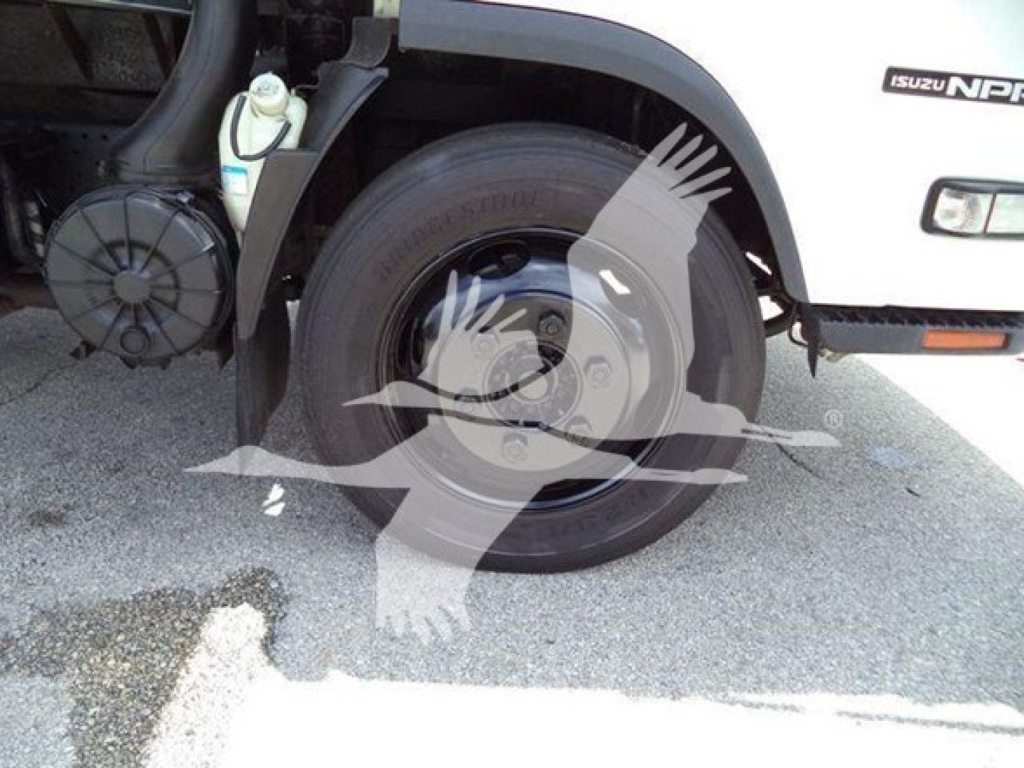 Isuzu NPR HD truck front wheel area showing tire, wheel well, and part of the cab with Isuzu NPR logo.