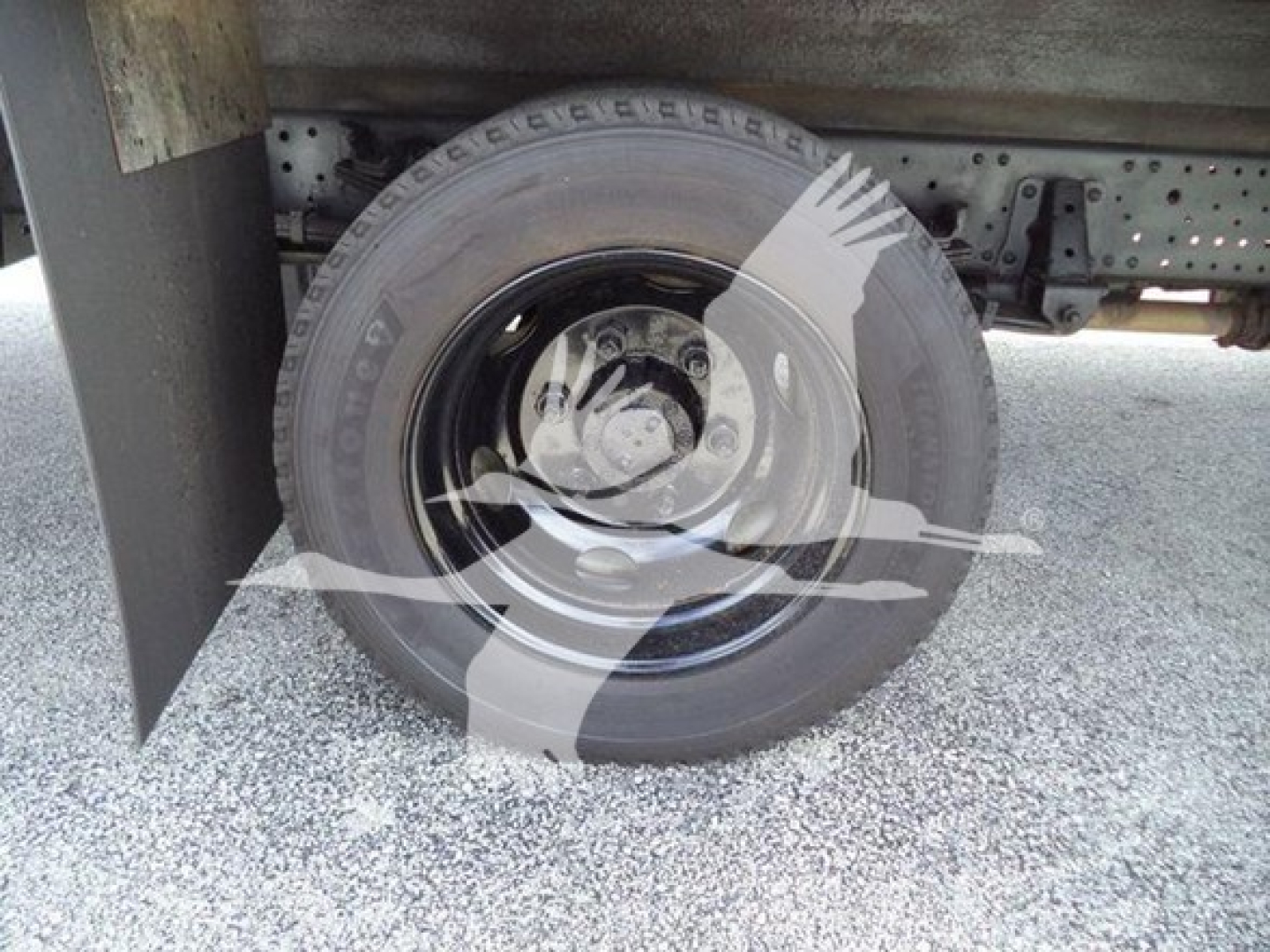 Isuzu NPR HD truck wheel and undercarriage view; spare tire mounted under cargo area with black steel rim.