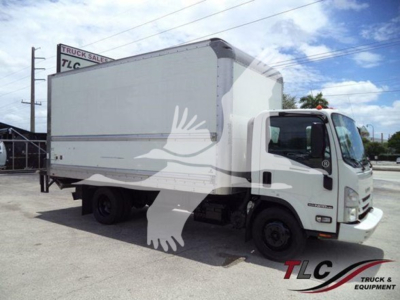Isuzu NPR HD box truck showing cargo box and cab with white exterior.