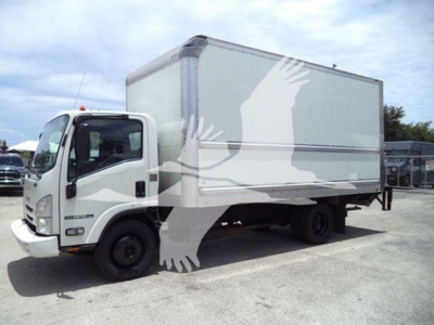 Isuzu NPR-HD box truck in-service showing side view with cargo box and front cab.