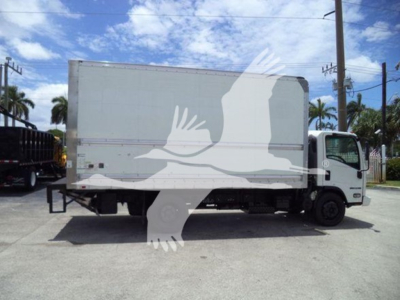 Isuzu NPR HD box truck side view with cargo box and cab visible.