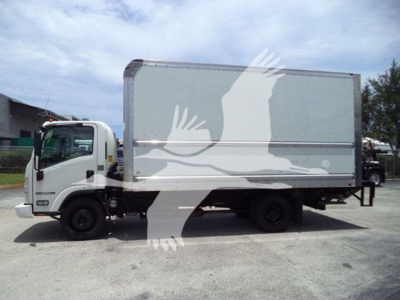 Isuzu NPR HD box truck side view showing cab and large rear cargo box.