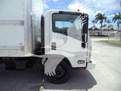 Isuzu NPR-HD box truck cab and front wheel visible; no legible model text on door; partial side of cargo box; silver/gray truck with black tires; clear sky.