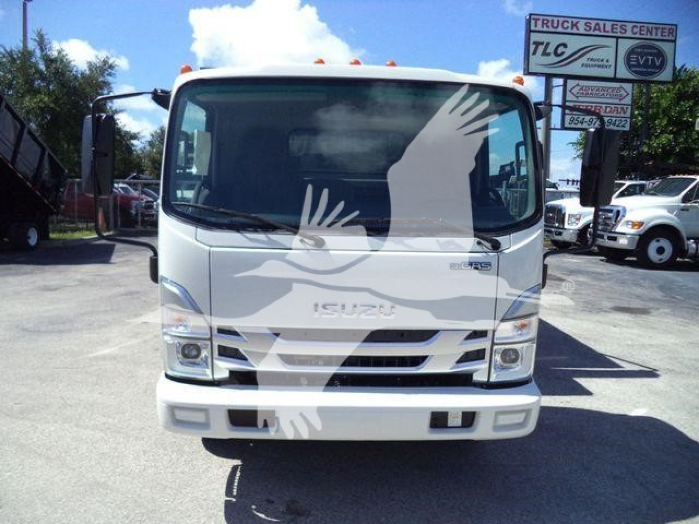 Isuzu NPRR 2024 truck front view in a lot with text on windshield, stock GASNRR14SNG.