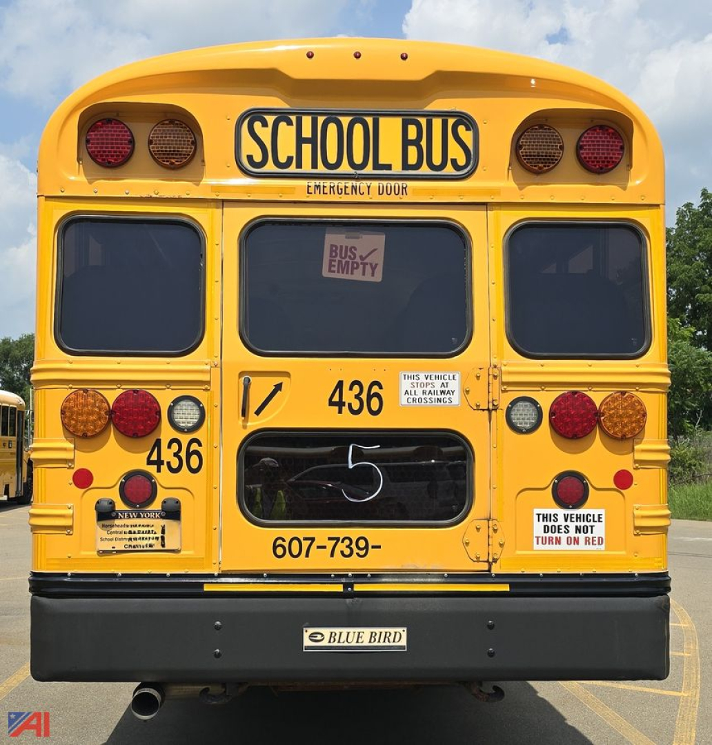 Yellow 2017 Blue Bird Vision school bus rear view showing two taillights, back door, school bus sign, emergency door label, bus number 436, phone number, and Blue Bird badge.