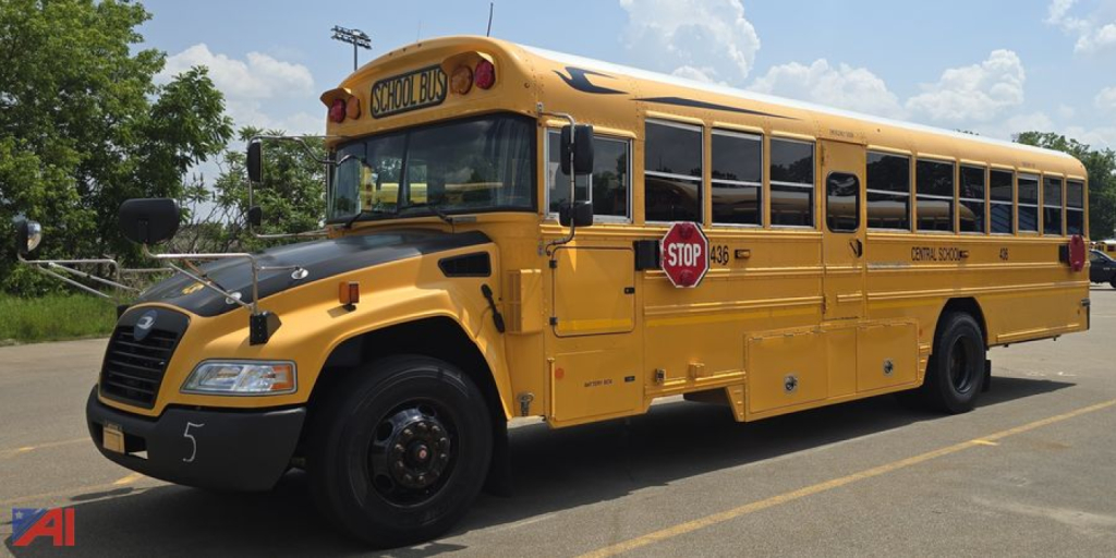 School bus showing front and side view with yellow body and Stop sign extended.