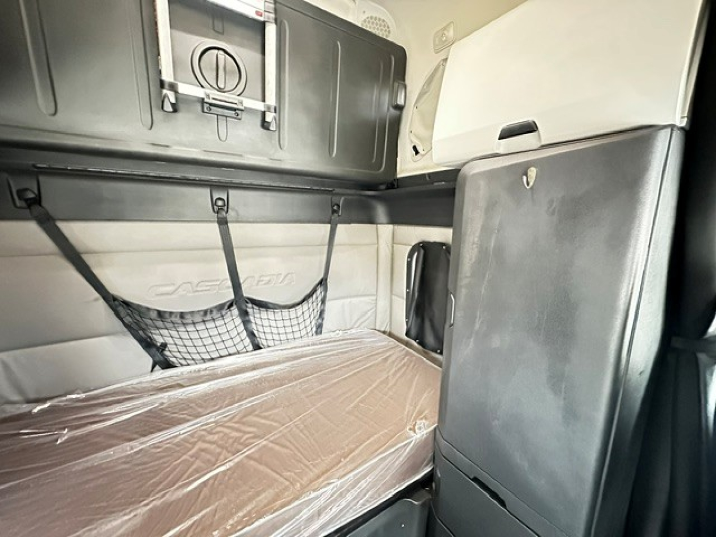 Freightliner Cascadia 126 cab interior sleeper bunk area with storage cabinets and netting.