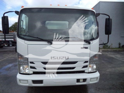 Isuzu NPR XD truck front view with windshield, grille, and headlights. The image shows a white cab with Isuzu emblem and a faded graphic overlay of two hands.