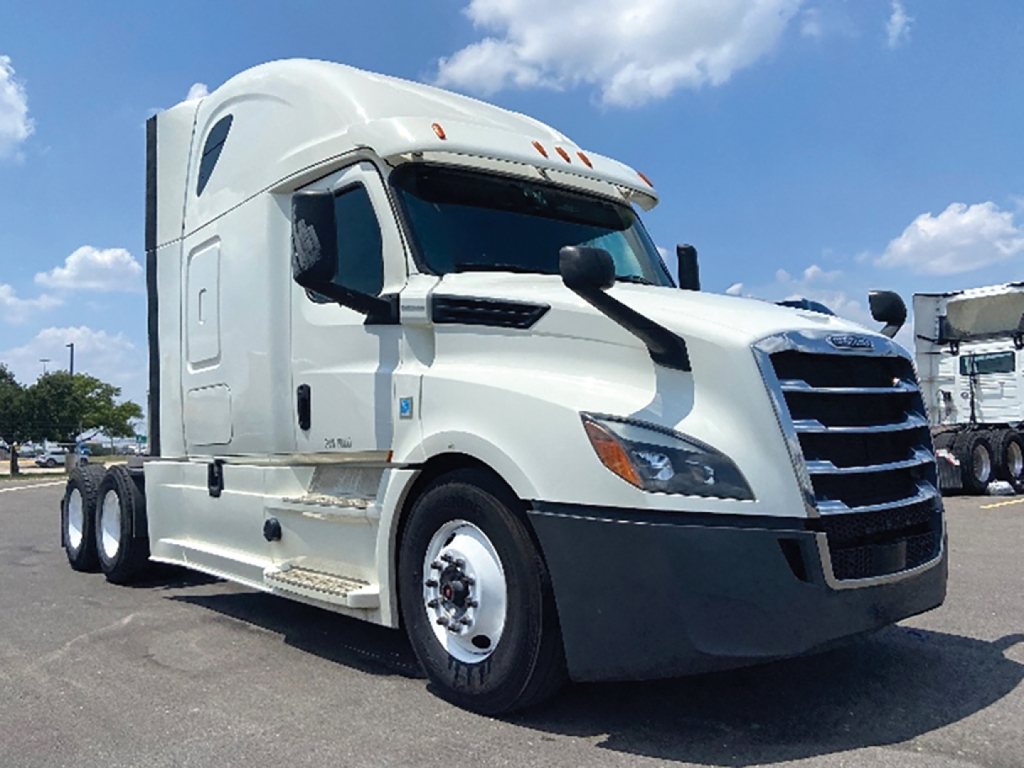 Freightliner Cascadia126 semi truck cab in white, front-left view showing aerodynamic sleeper cab and grille, no text visible.
