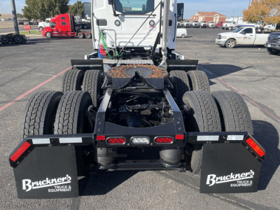 Rear view of a 2026 Mack PR64T tractor showing dual rear axles, fifth wheel, and mudflaps with Bruckner's Truck & Equipment logos.
