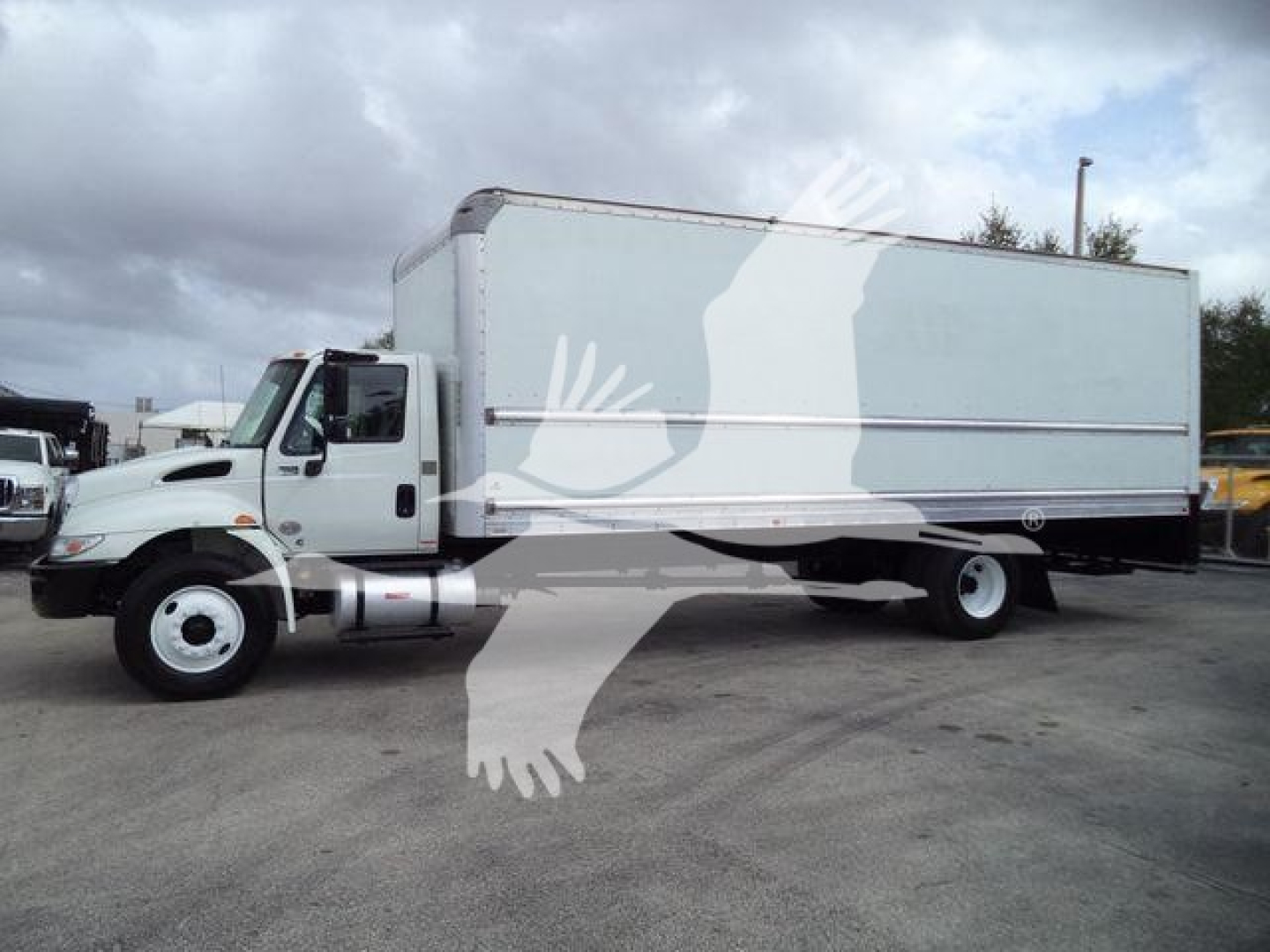 Box truck with white cab and large gray box body, side view showing right side and cab.
