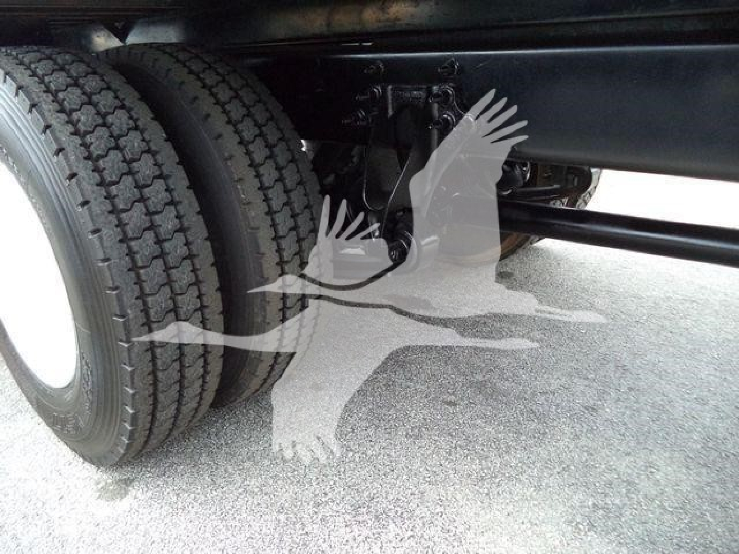 Truck undercarriage showing dual rear wheels and suspension components from a 2019 International 4300, chassis frame and leaf springs visible.