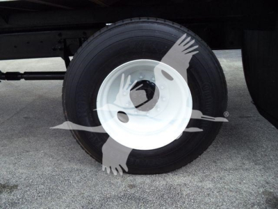 Truck wheel and tire on a 2019 International 4300 chassis showing a white steel rim and black tire.