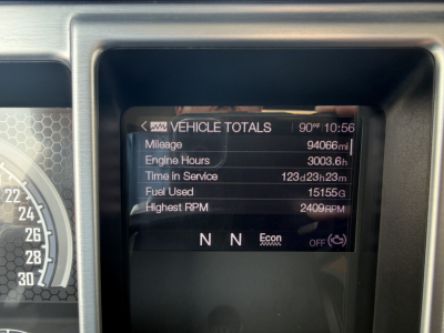 Mack AN64T dashboard display showing vehicle totals: mileage 94066mi, engine hours 3003.6, time in service 123d23h23m, fuel used 15156gal, highest RPM 2409 RPM; N gear indicator and Econ mode shown.