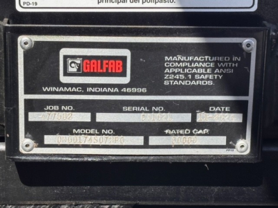 Galfab label on equipment showing manufacturer Galfab, Winamac Indiana location, job number, serial number, date, model number, and rated cap. Visible text includes 'Galfab', 'Winamac, Indiana 46996', 'JOB NO.', 'SERIAL NO.', 'DATE', 'MODEL