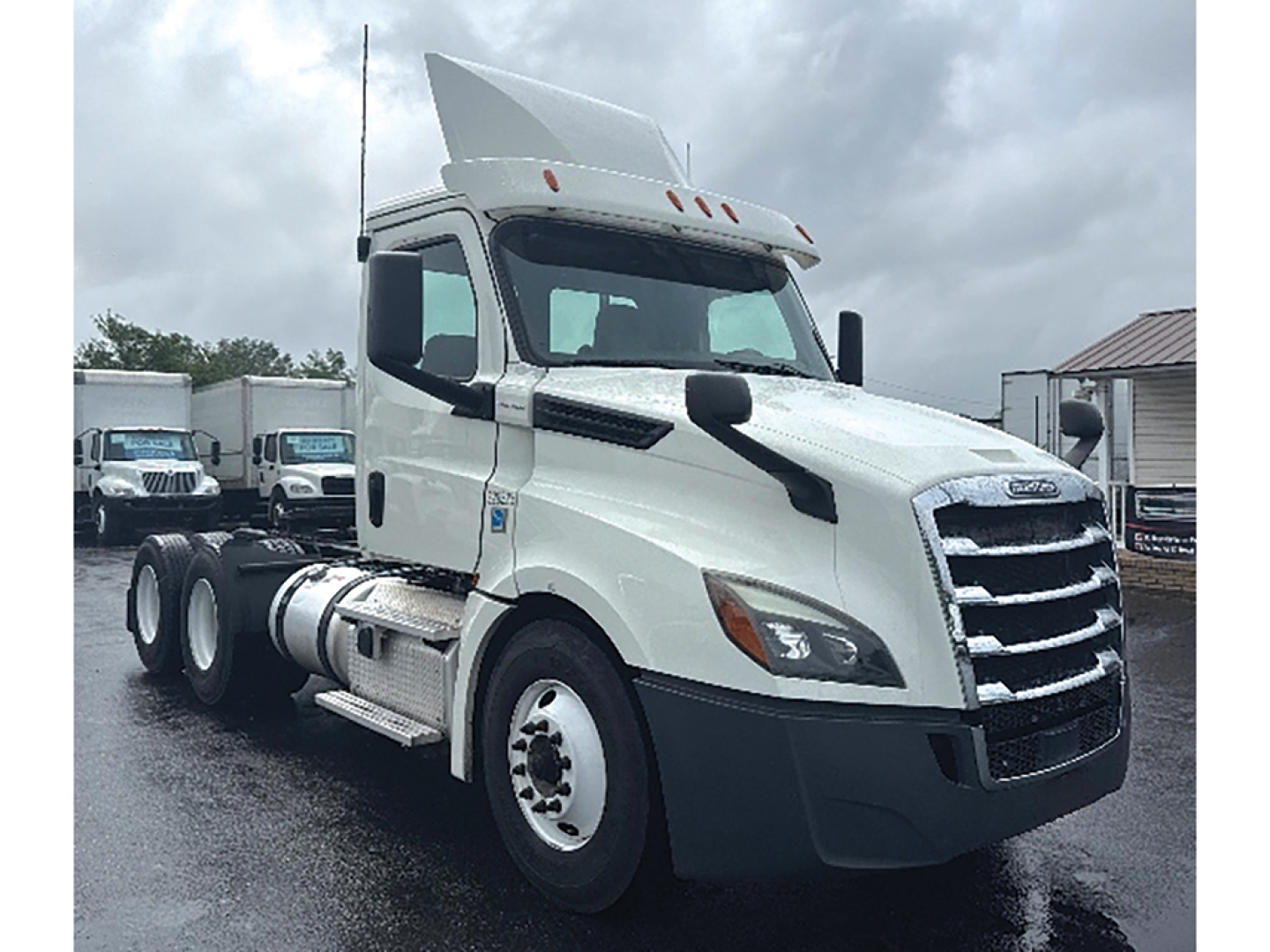 Freightliner Cascadia126 tractor-trailer cab showing front grille and sloped hood with white paint and dual rear axles.