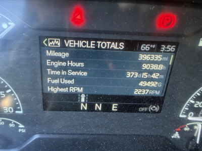 Vehicle totals display on Volvo VNL dashboard: Mileage 396335 mi, Engine Hours 9083.8 h, Time in Service 3735h 15m, Fuel Used 49492 gal, Highest RPM 2237 rpm, gear indicator N N E.