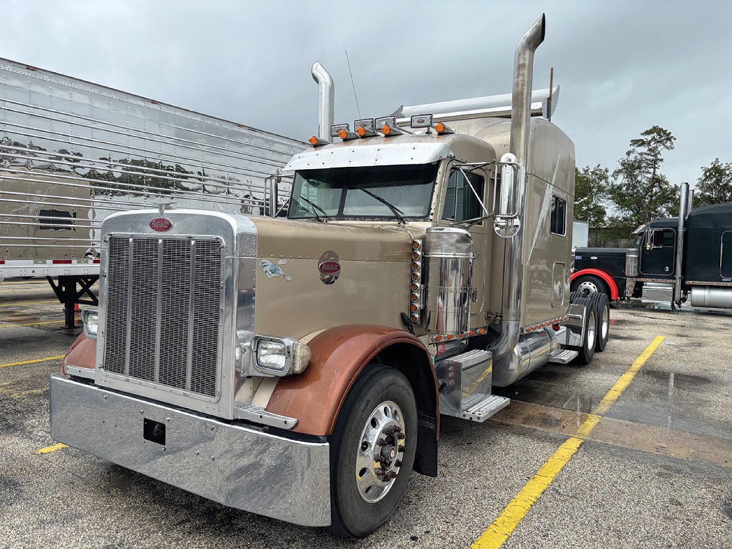 Peterbilt 379 UltraCab extended hood truck in beige with chrome accents and dual exhaust stacks, front chrome grille, large bumper, and tandem rear wheels.