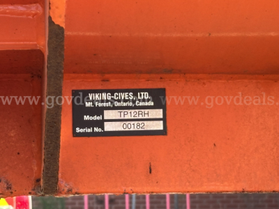 Label on equipment showing Viking-Cives Ltd Mt. Forest, Ontario, Canada Model TPP12RH Serial No. 00182.