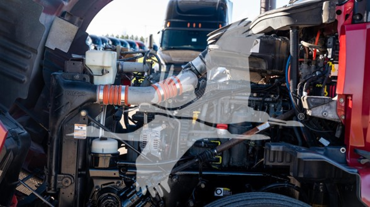 Kenworth T680 engine bay showing various hoses, tubing, and components in a truck with APU.