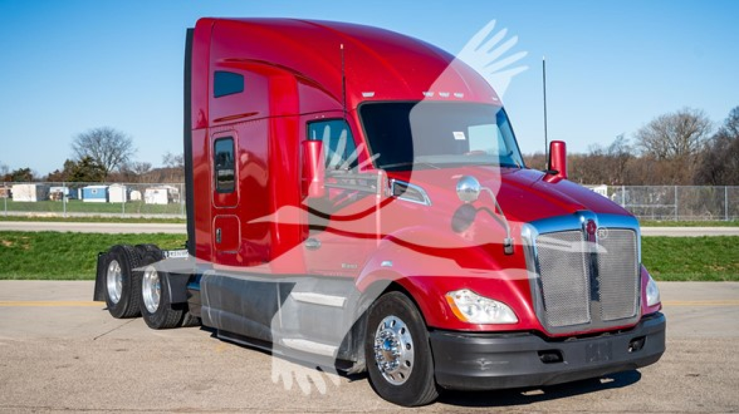 Kenworth T680 truck in red with sleeper cab, front grille and dual rear axles visible.