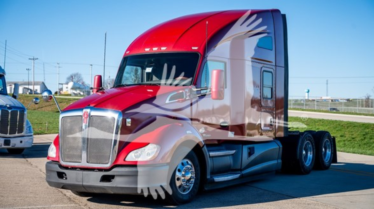 Kenworth T680 truck front-left view in red/brown color scheme with sleeper cab details visible.