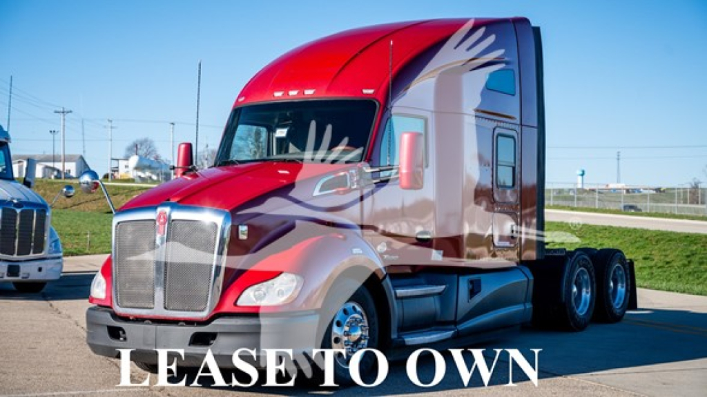 Kenworth T680 highway tractor in service-ready condition showing bold chrome grille and dual rear axles, with LEASE TO OWN overlay text.