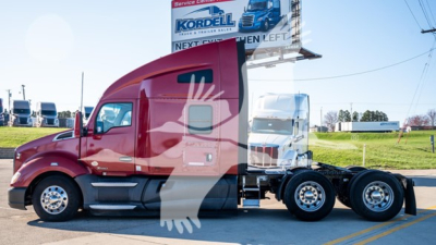 Kenworth T680 conventional sleeper truck in red, side view showing cab and chassis