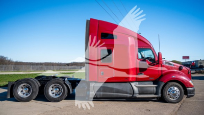 Kenworth T680 tractor-trailer side view showing cargo area and two rear axles under the cab