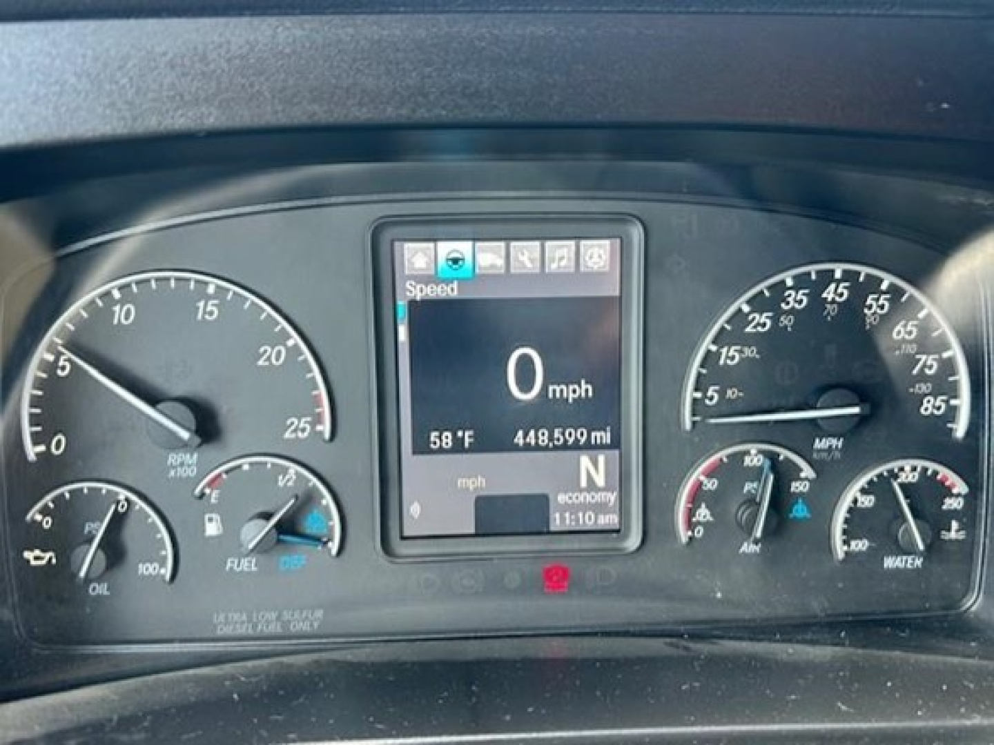 Dashboard of a 2023 Freightliner Cascadia 126 showing digital display with speed 0 mph, and analog gauges for RPM, fuel, oil, temperature, and water.