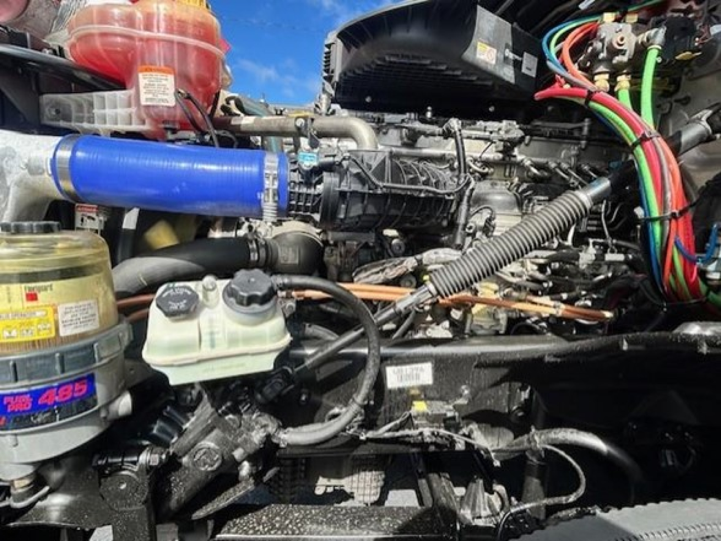 Freightliner Cascadia 126 engine bay showing blue silicone hose, coolant reservoir, various wiring harnesses, and diesel engine components.