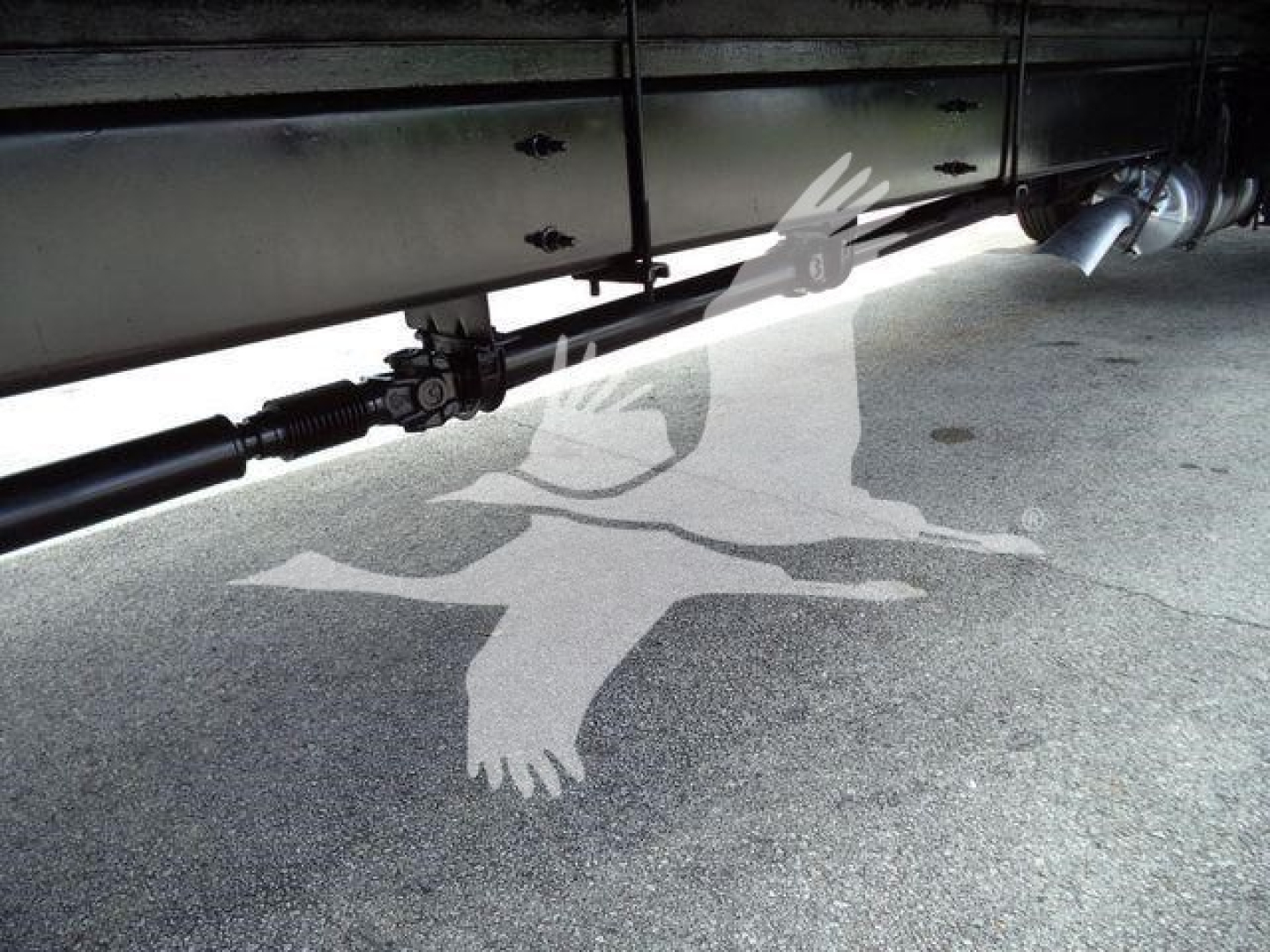 Truck underside showing drive shaft and suspension components with decal shadow of a bird on the ground.