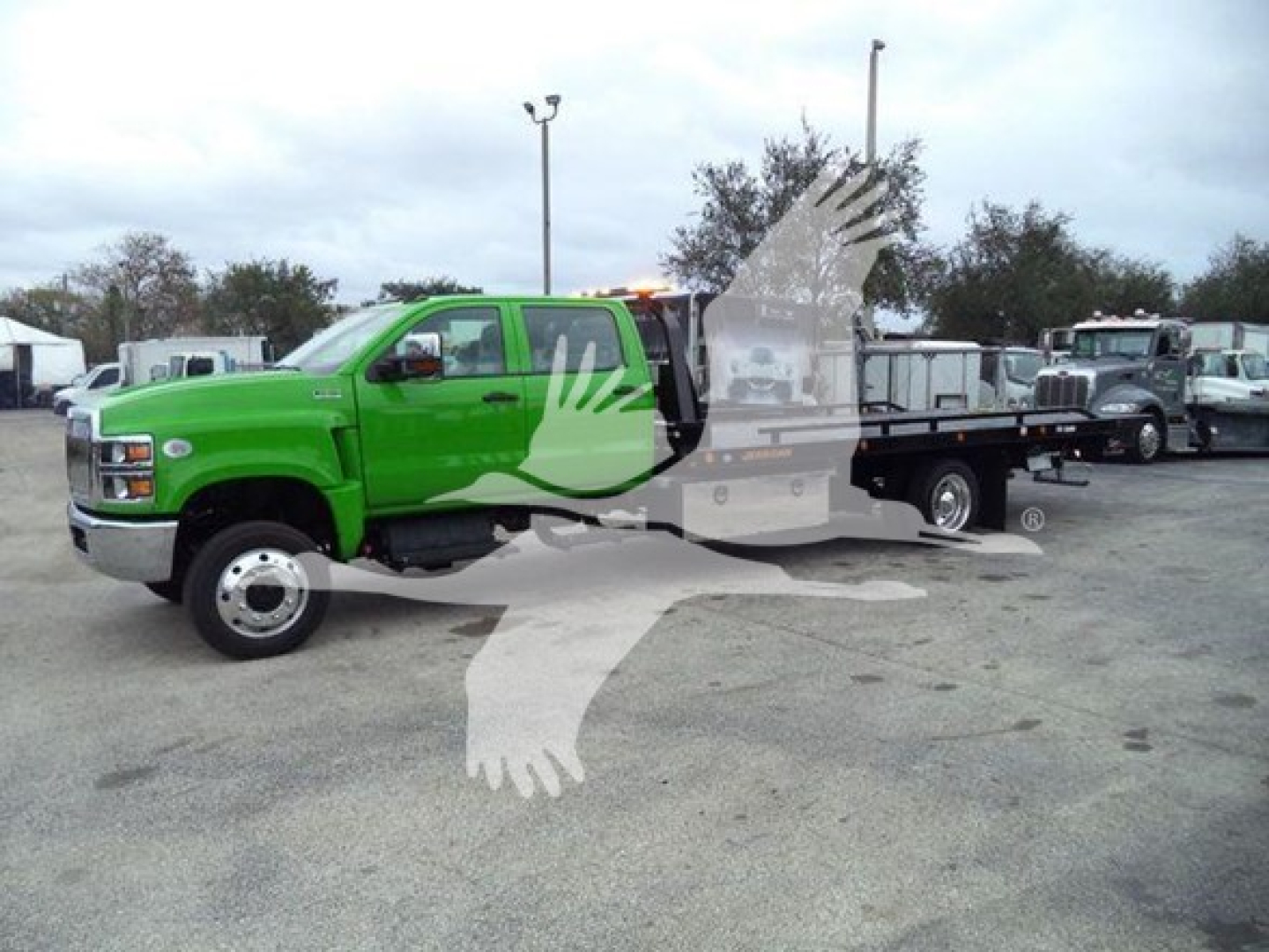 Green 2023 International CV rollback tow truck with a black flatbed, side view showing logos and a large white bird watermark.