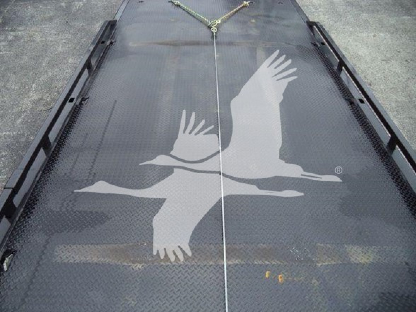 Flatbed truck deck with a tie-down strap and a large graphic of flying birds across the surface.