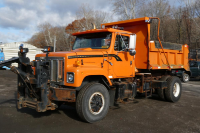 International 2554 hooklift truck showing orange cab and dump bed with front snow plow mount and rear wheel, VIN 1HTGBADR6XH638386