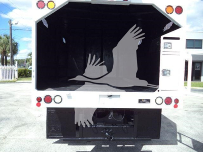 Truck dump bed of a 2017 Ford F750 with write-up showing rear view including taillights and open cargo area.