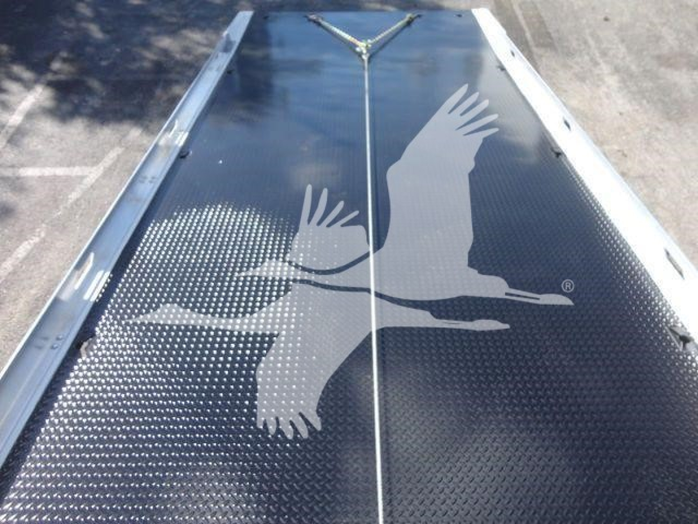 Truck trailer loading area with a large image of two soaring birds in silver on a dark surface, with metal rails along the sides and a center seam.