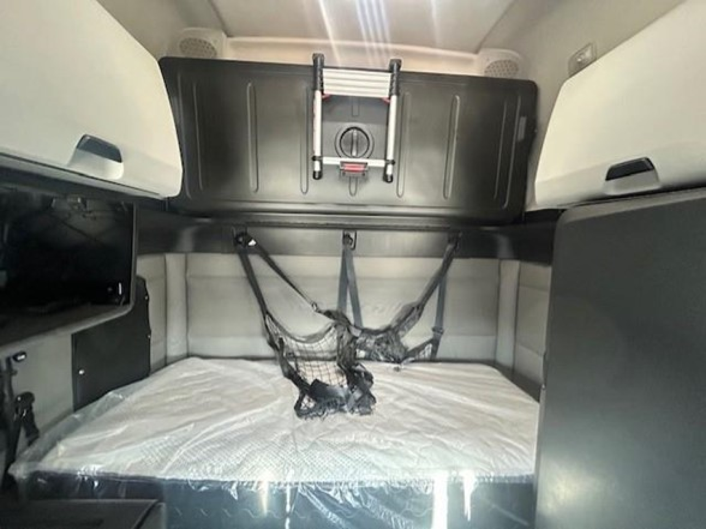 Freightliner Cascadia 126 sleeper cab interior cargo bed with net and storage compartments.
