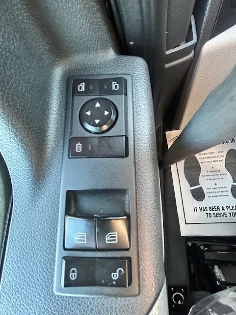 Truck interior close-up showing door control panel with window switches, mirror joystick, and lock buttons in a Freightliner Cascadia cab