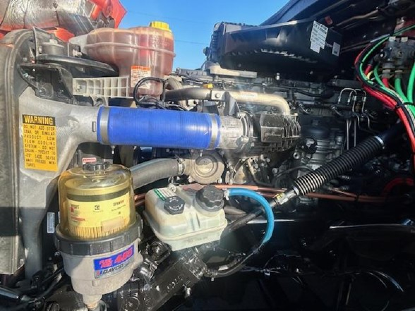 Freightliner Cascadia engine bay showing blue hose, coolant reservoir, and hydraulic reservoir with yellow cap.