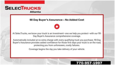 Image shows SelectTrucks Atlanta banner with 90 Day Buyer’s Assurance info card; contact phone 770-957-1997.